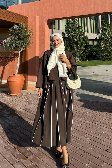 Brown Scuba Skirt Co-Ord with Contrast Piping