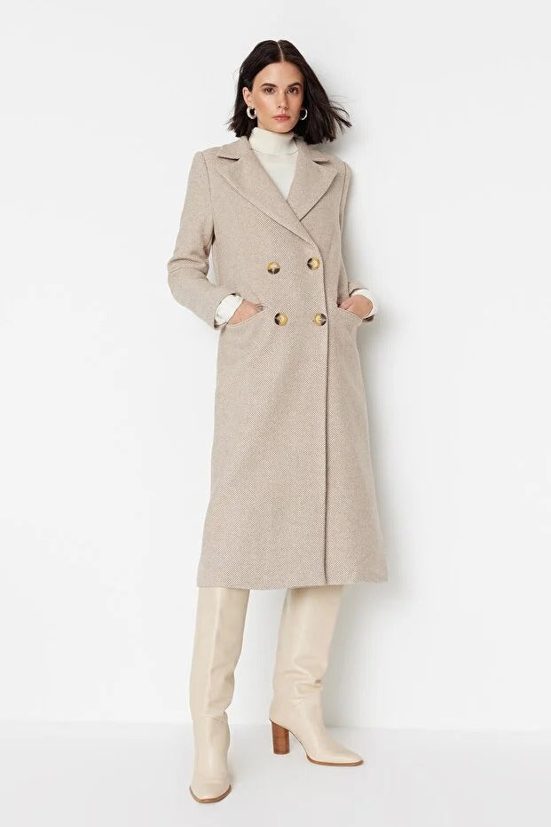 Herringbone Pattern Long Wool-Blend Coat