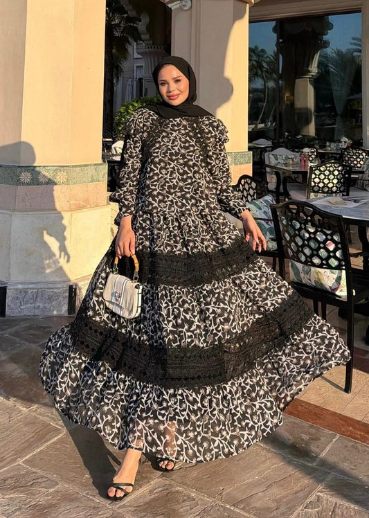 Floral Print Lace-Trim Tiered Maxi Co-ord Set - Black