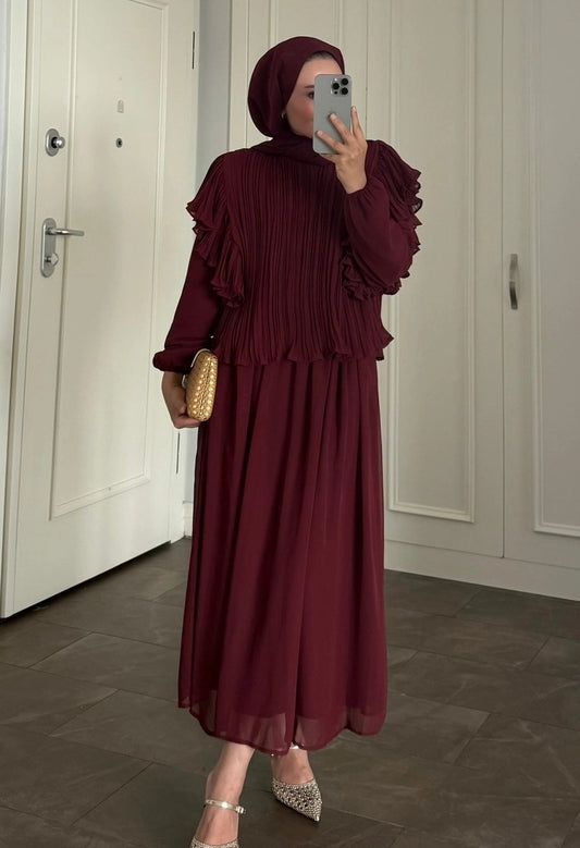 Burgundy Pleated Ruffle-Detail Chiffon Blouse & Midi Skirt Co-ord Set -PRE ORDER