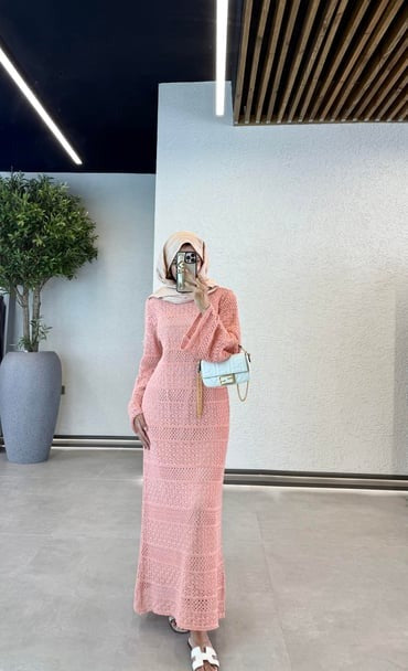Crochet Maxi Dress with Lining- Pink Salmon