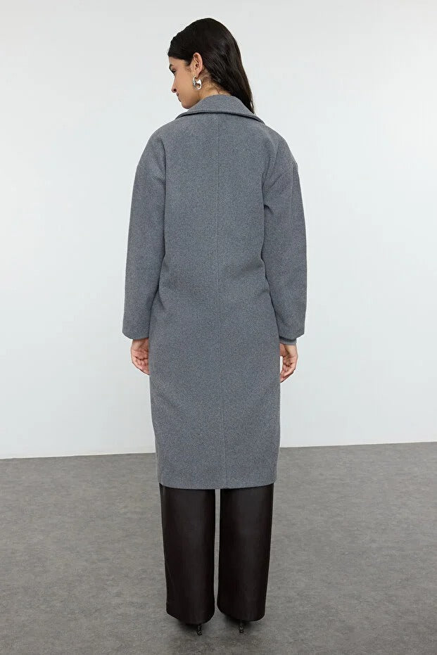 Grey Oversized Wide‑Cut Long Wool‑Blend Coat