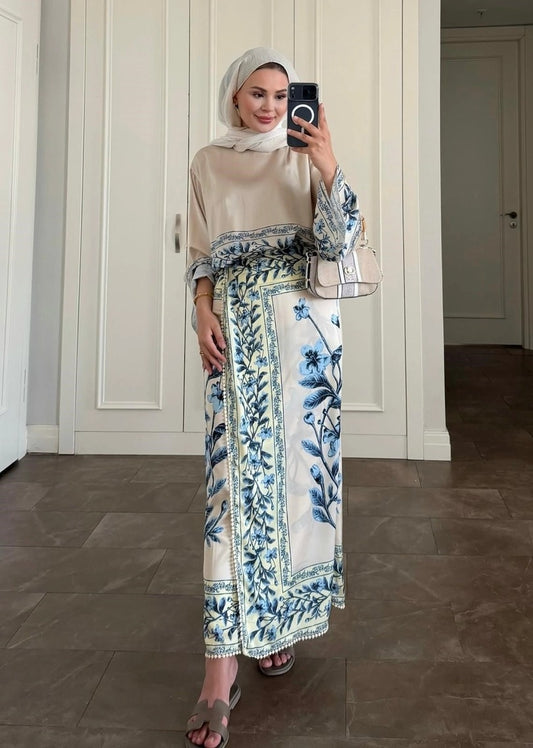 Blue Botanical Scarf Print Modest Satin Skirt Co-Ord Set