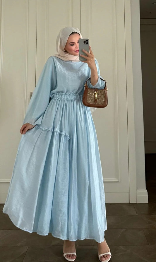 Baby Blue Layered Maxi Skirt Set with Elastic Waist