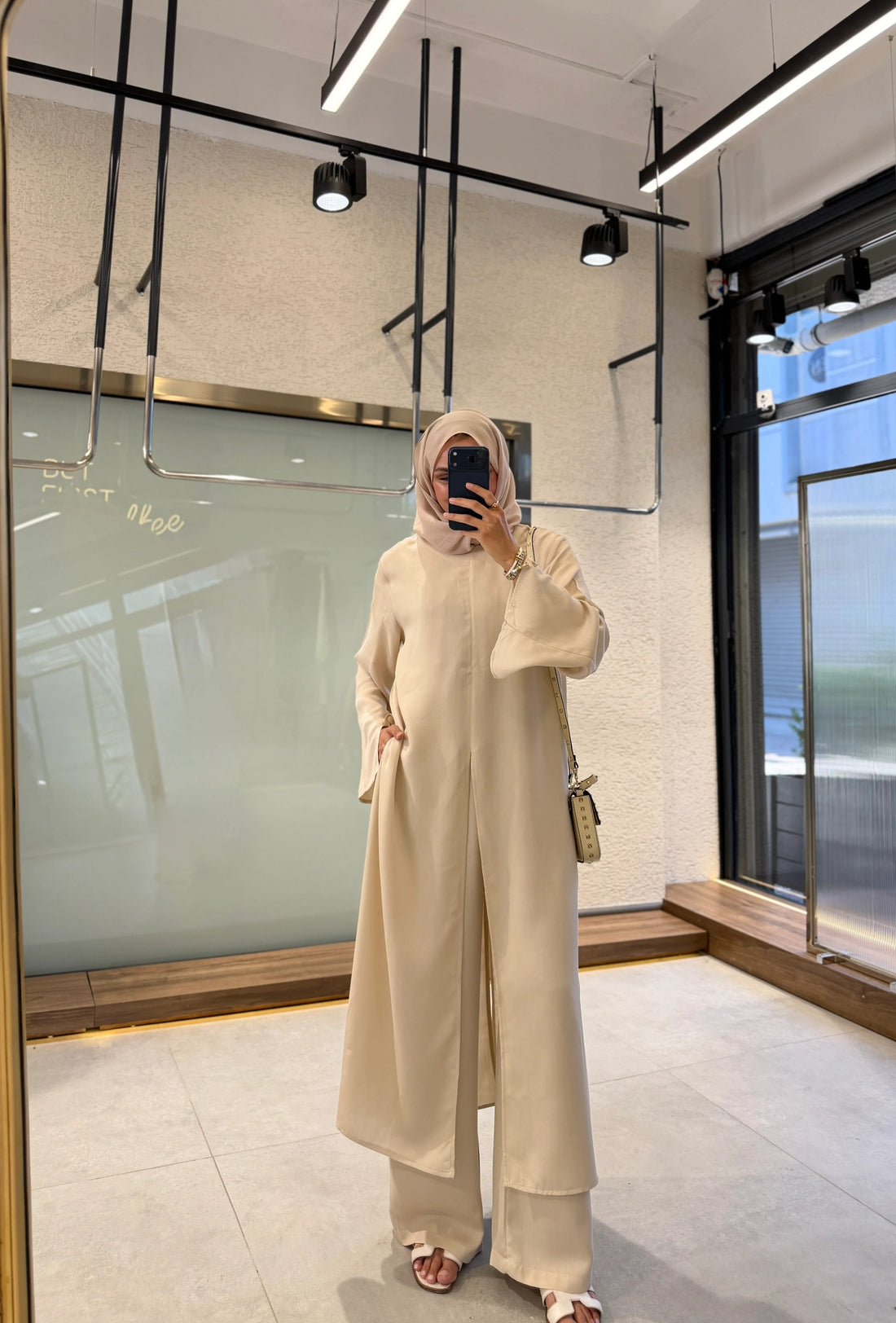 Keten Görünümlü Pantolon Takımı - İki Parça Bol Tunik Takımı - Bej