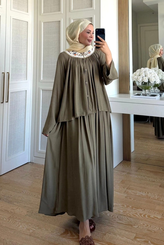 Khaki Intricate Embroidered Slub Linen Skirt & Blouse Co-ord Set