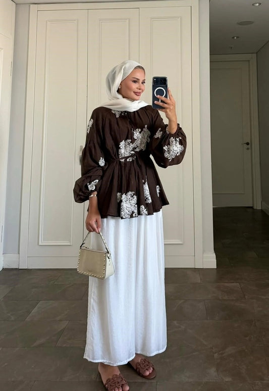 Brown Modest Pant Set - Lined Two Piece Tunic Outfit with Pockets