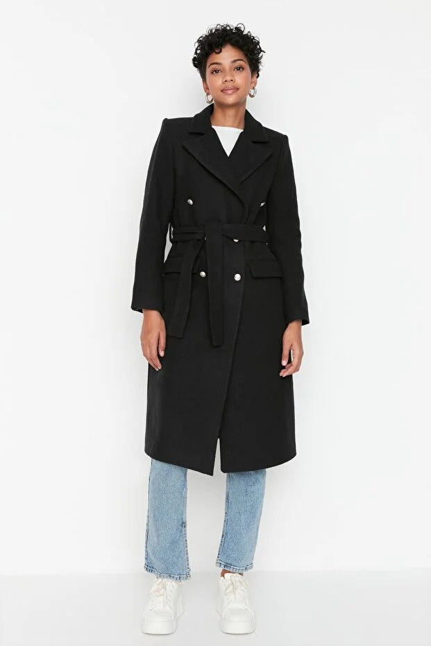 Black Fitted Long Wool-Blend Coat with Belt and Gold Buttons