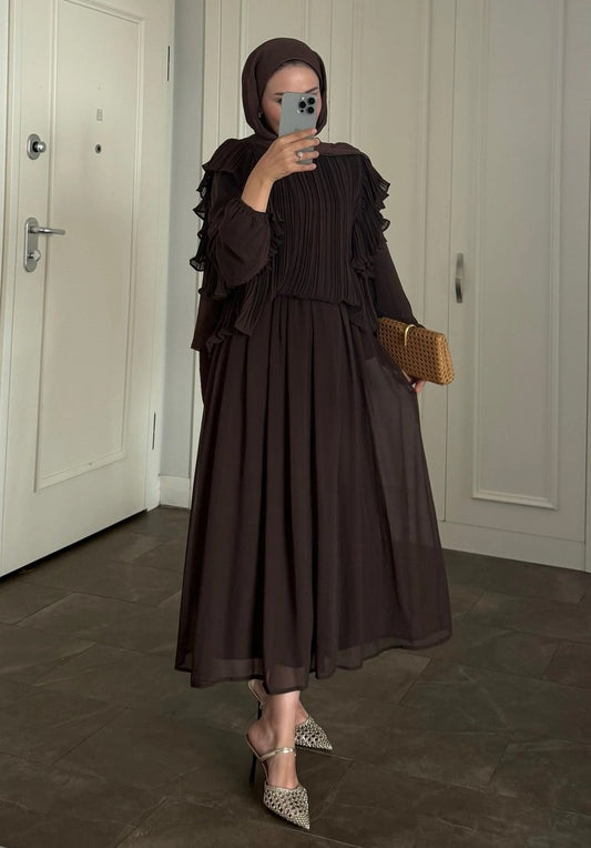 Brown Pleated Ruffle-Detail Chiffon Blouse & Midi Skirt Co-ord Set -PRE ORDER