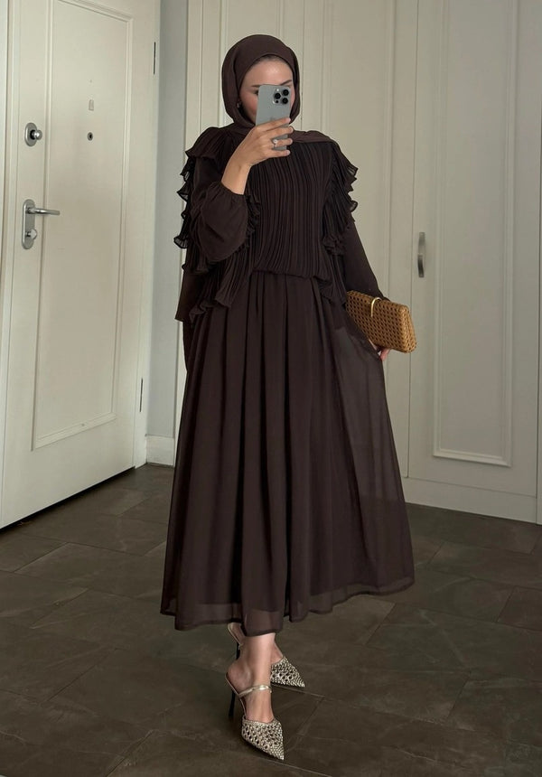 Brown Pleated Ruffle-Detail Chiffon Blouse & Midi Skirt Co-ord Set -PRE ORDER