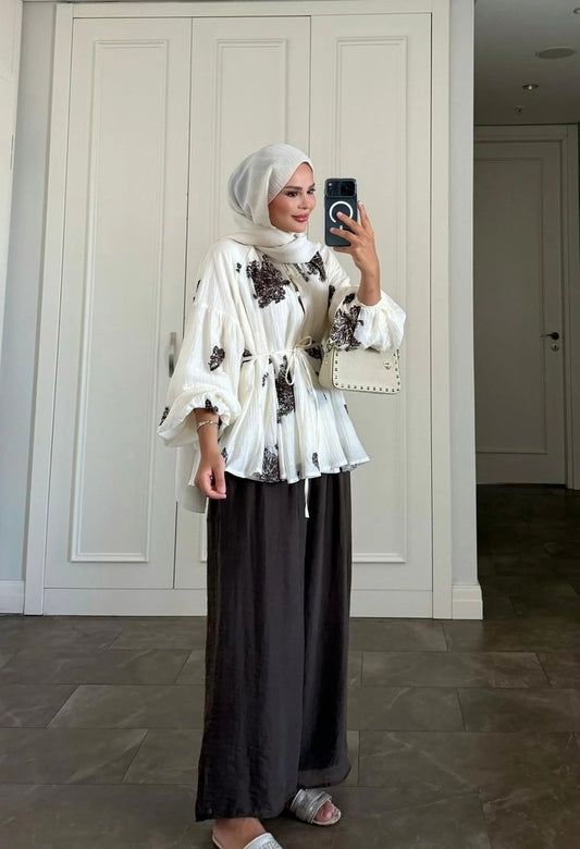 Ecrou Modest Pant Set - Lined Two Piece Tunic Outfit with Pockets