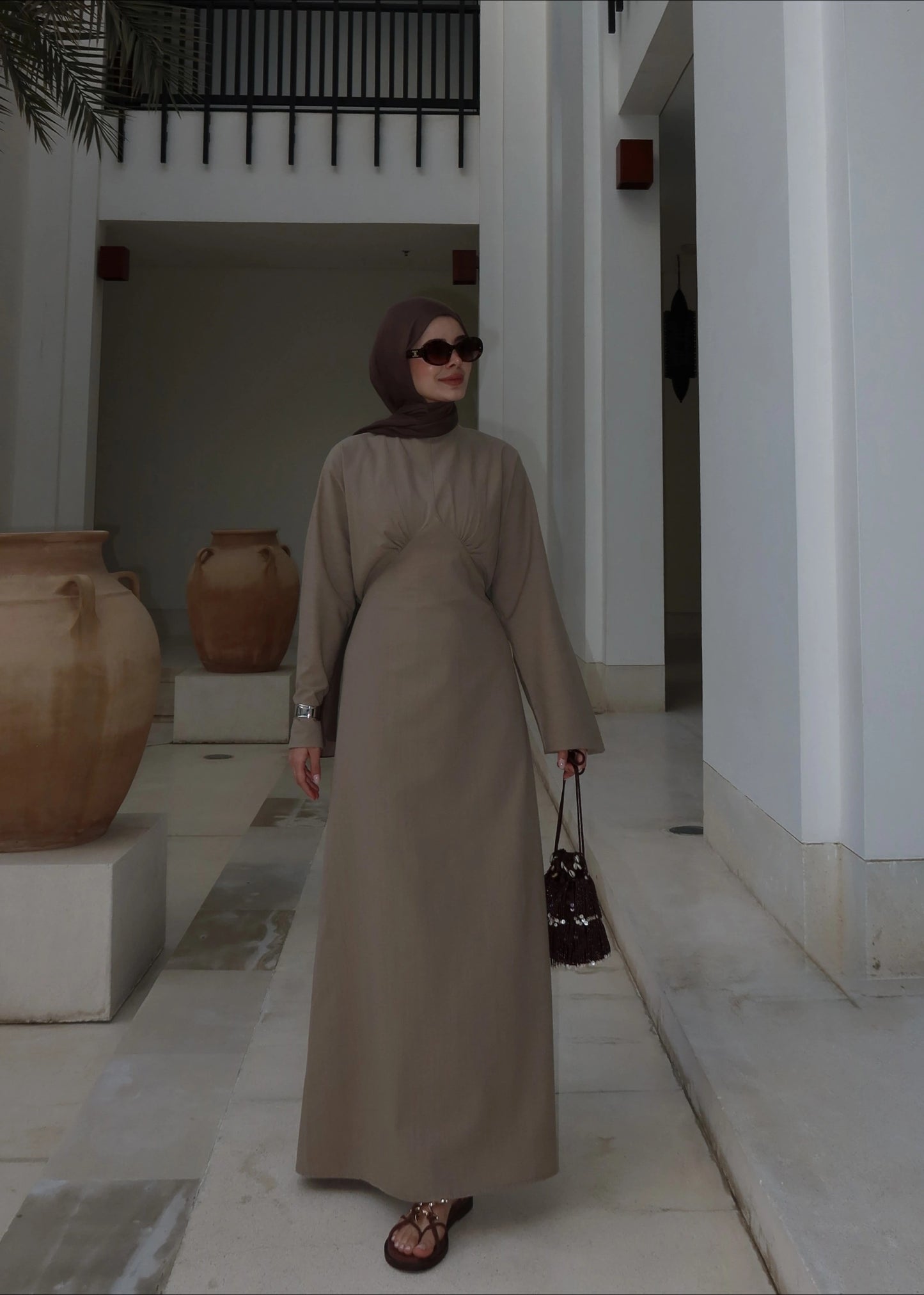 Khaki Cotton Maxi Dress with Waist Detail