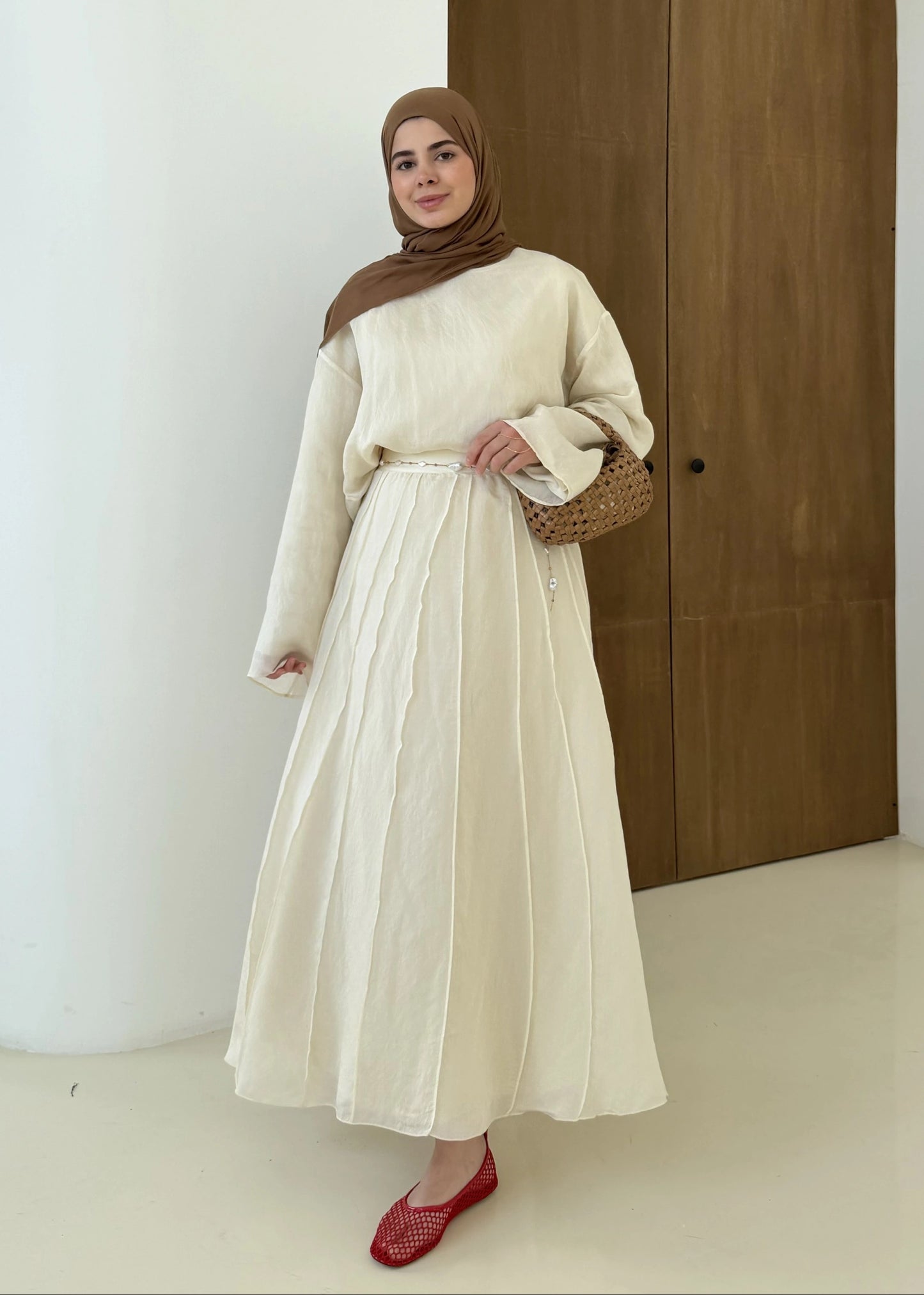 Reverse Stitch Skirt Set - Beige