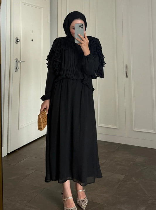 Black Pleated Ruffle-Detail Chiffon Blouse & Midi Skirt Co-ord Set -PRE ORDER