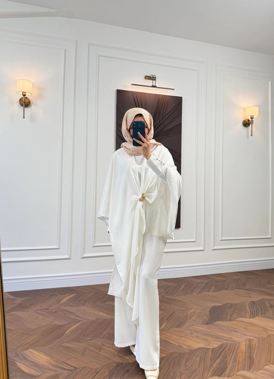 Off White Cape-Sleeve Co-ord Set with Gold Brooch Detail