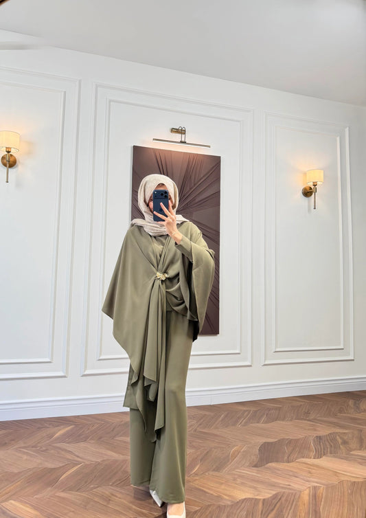 Sage Green Cape-Sleeve Co-ord Set with Gold Brooch Detail