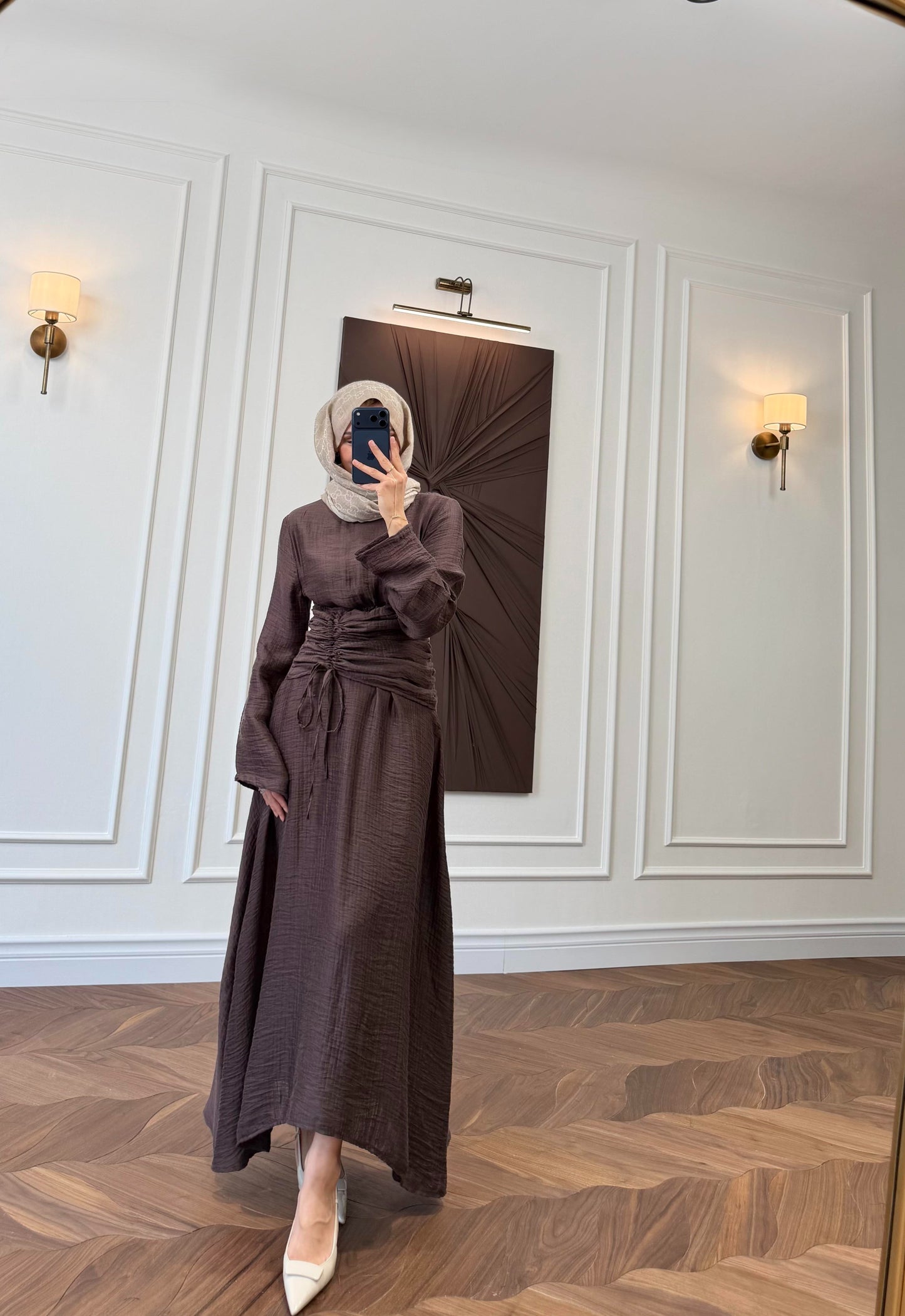 Brown Ruched Drawstring Waist Maxi Dress with Flared Sleeves