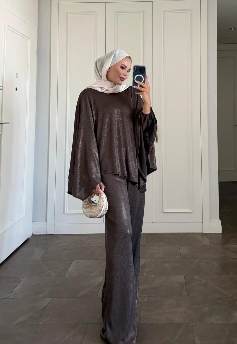 Diamond Brown Shimmer Asymmetric  Trousers Set |Brown