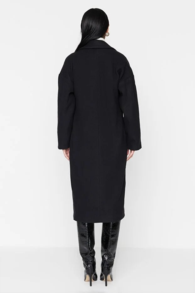 Black Oversized Wide-Cut Long Wool-Blend Overcoat