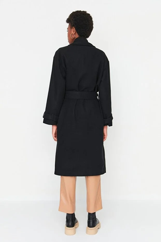 Black Oversized Wide-Cut Long Wool-Blend Coat with Belt