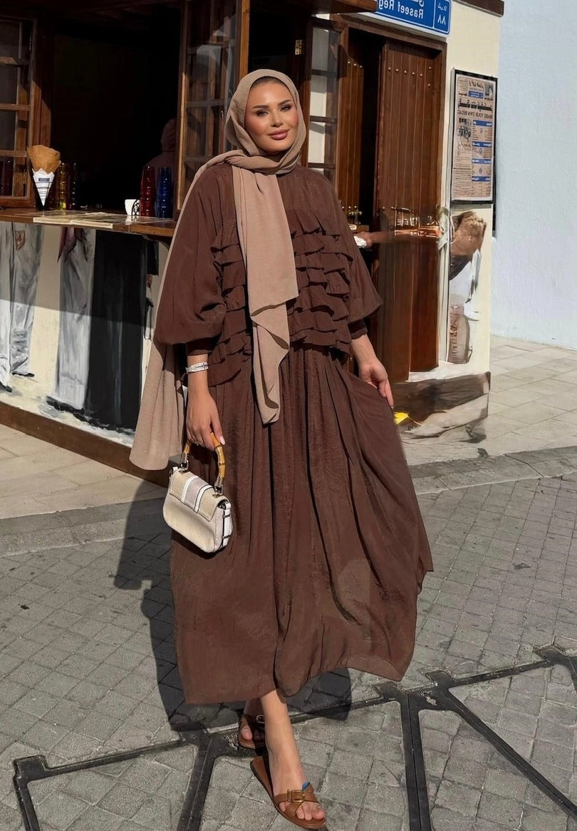 Tiered Ruffle Blouse & Pleated Maxi Skirt Co-ord Set - Brown