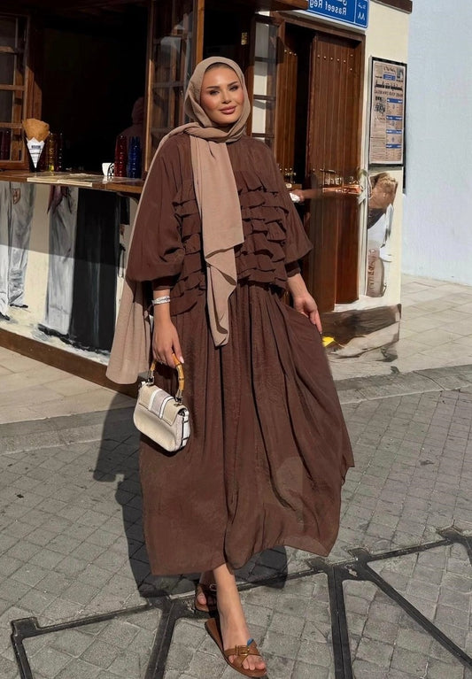 Tiered Ruffle Blouse & Pleated Maxi Skirt Co-ord Set - Brown