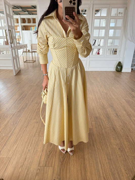 Yellow Striped Cotton Maxi Shirt Dress