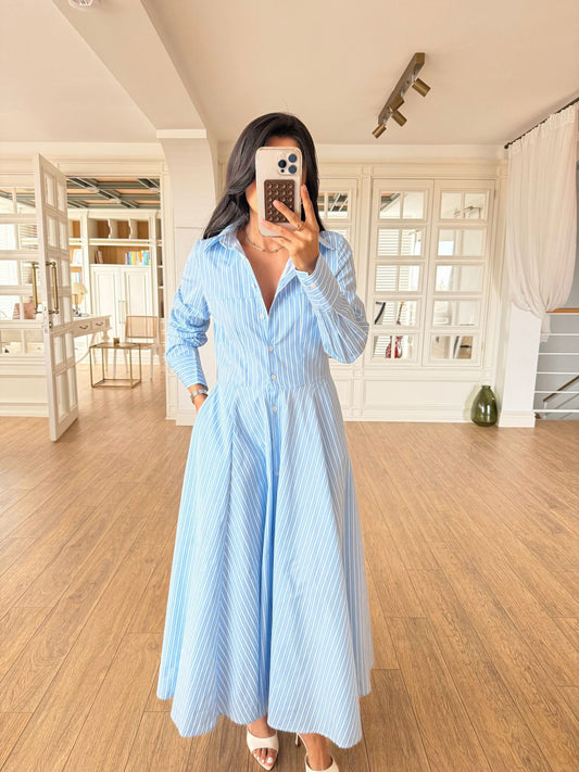 Blue Striped Cotton Maxi Shirt Dress