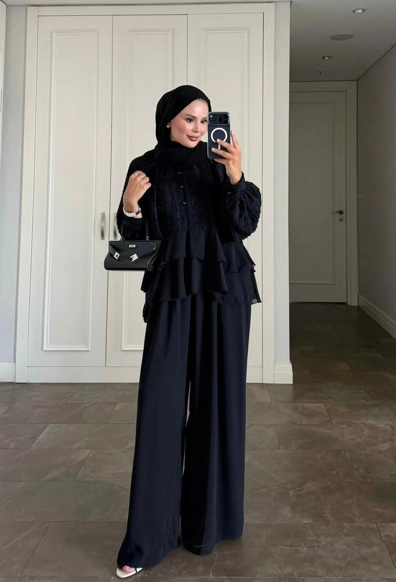 Furla Black Modest Pant Set - Lined Two Piece High Low Outfit