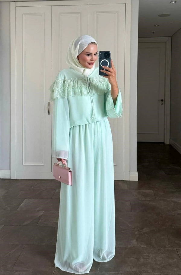 Ivana Mint Modest Pant Set - Lined Two Piece Tunic and Trousers Outfit