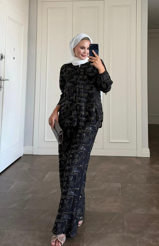Lilly Modest Trousers Matching Set | Premium Tunic Co-Ord Suit - Black
