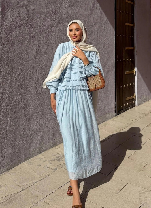 Tiered Ruffle Blouse & Pleated Maxi Skirt Co-ord Set - Blue- PRE ORDER