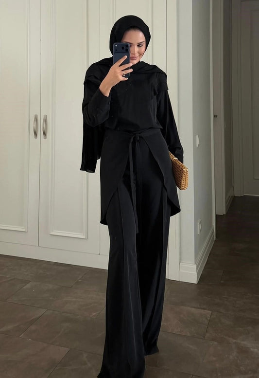 Black Ruffle-Shoulder Blouse & Wide-Leg Trouser Co-ord Set