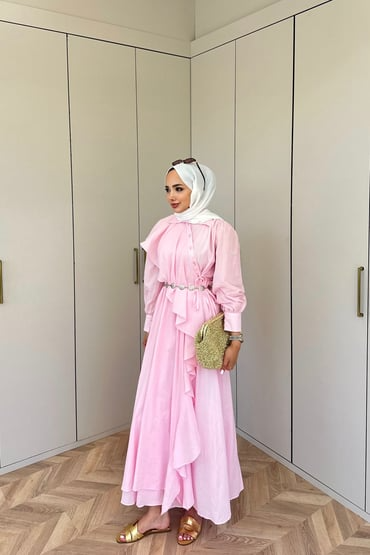 Pink Cotton Voile Maxi Dress with Ruffle Details