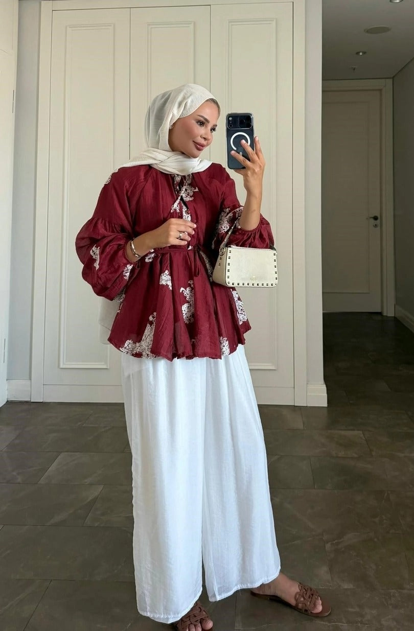 Burgundy Modest Pant Set - Lined Two Piece Tunic Outfit with Pockets