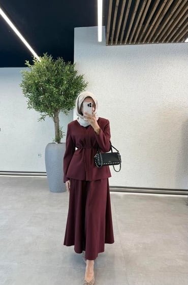 Cotton Blended Skirted Blazer Set - Burgundy