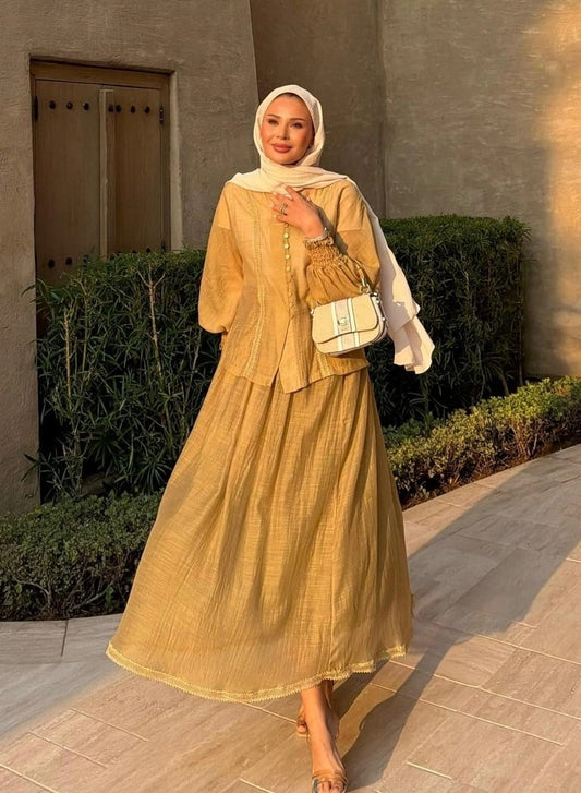 Button-Front Lace-Trim Blouse & Maxi Skirt Co-ord Set - Mustard