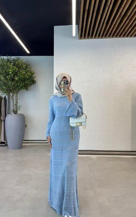 Crochet Maxi Dress with Lining- Blue