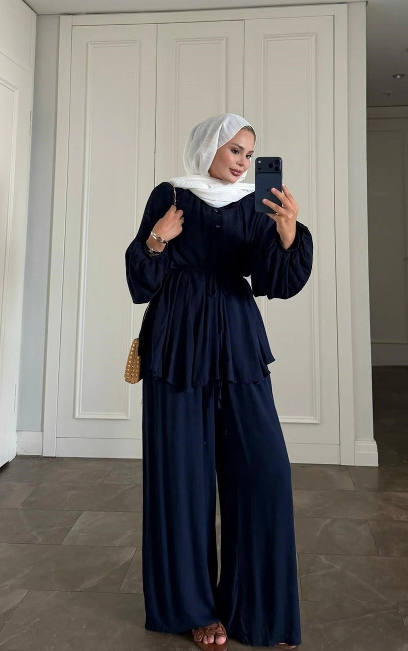 Navy Blue Modest Pant Set - Lined Two Piece Crinkle Fabric Outfit