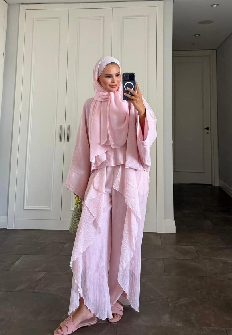 Suzy Pink Tesettür Pantolon Takımı - Astarlı Yarasa Kol İkili Takım