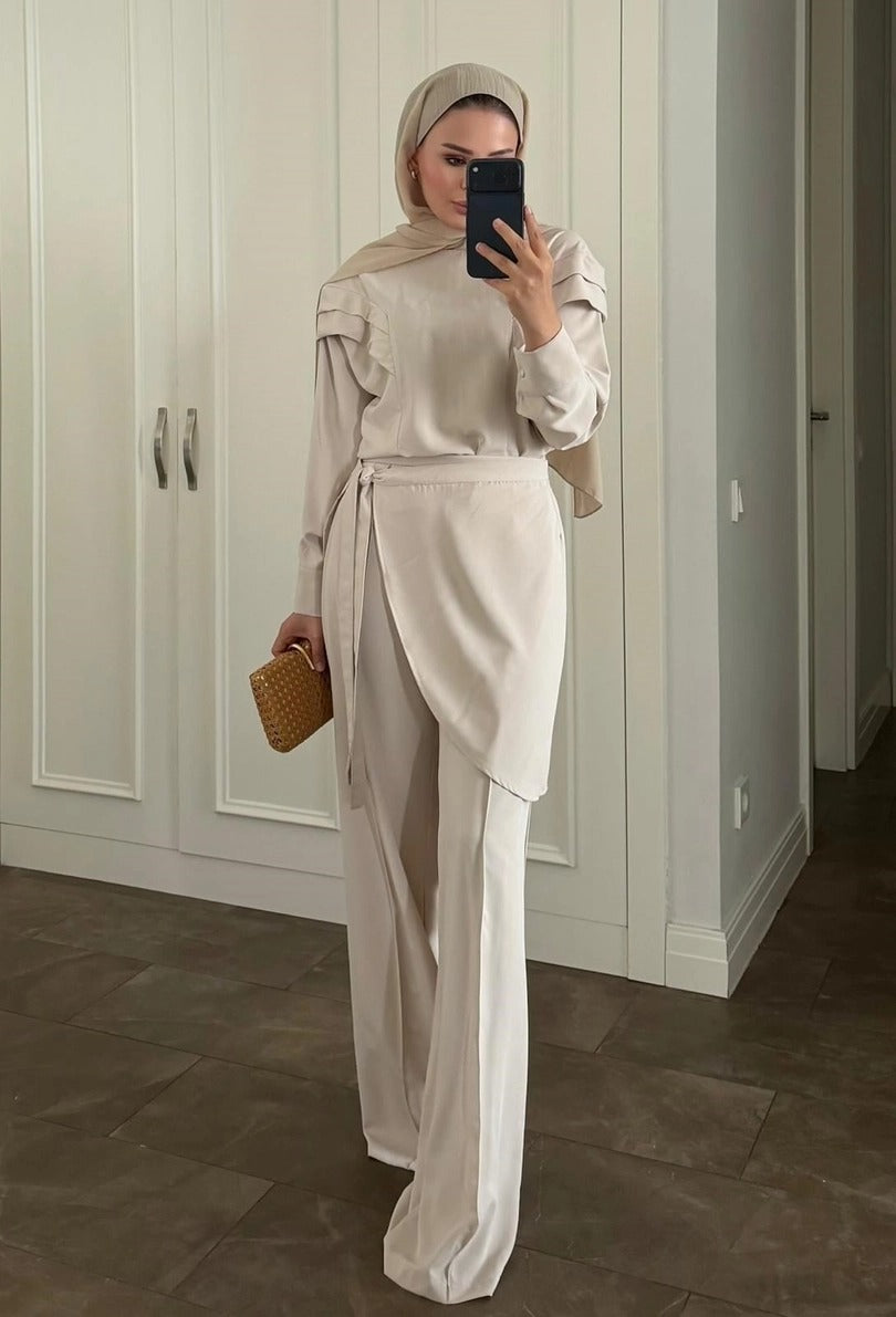 Beige Ruffle-Shoulder Blouse & Wide-Leg Trouser Co-ord Set