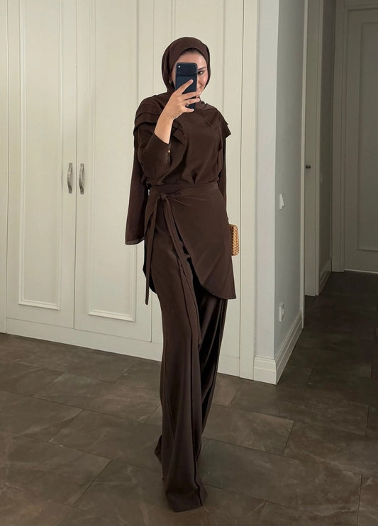 Brown Ruffle-Shoulder Blouse & Wide-Leg Trouser Co-ord Set