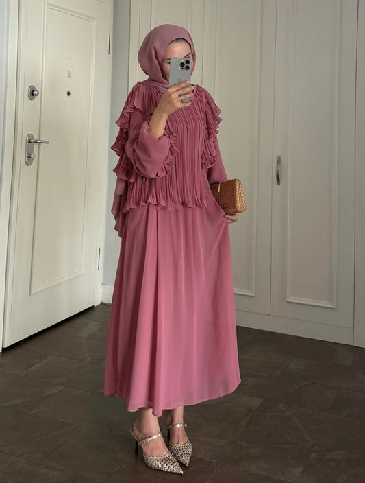 Rose Pleated Ruffle-Detail Chiffon Blouse & Midi Skirt Co-ord Set -PRE ORDER