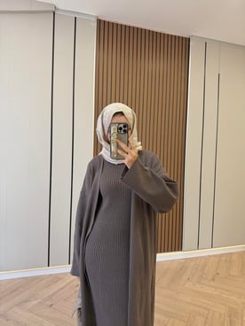 Brown Knit Kimono Set with Inner Dress