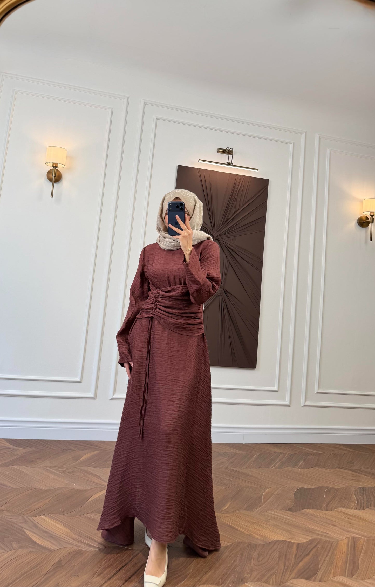 Burgundy Ruched Drawstring Waist Maxi Dress with Flared Sleeves