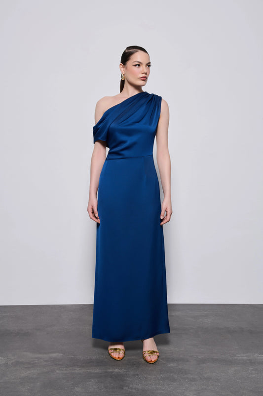 Draped Satin Midi Dress – Navy Blue