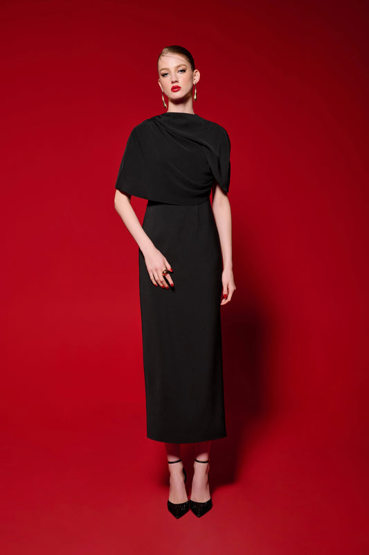 Flap-Detail Midi Dress – Black