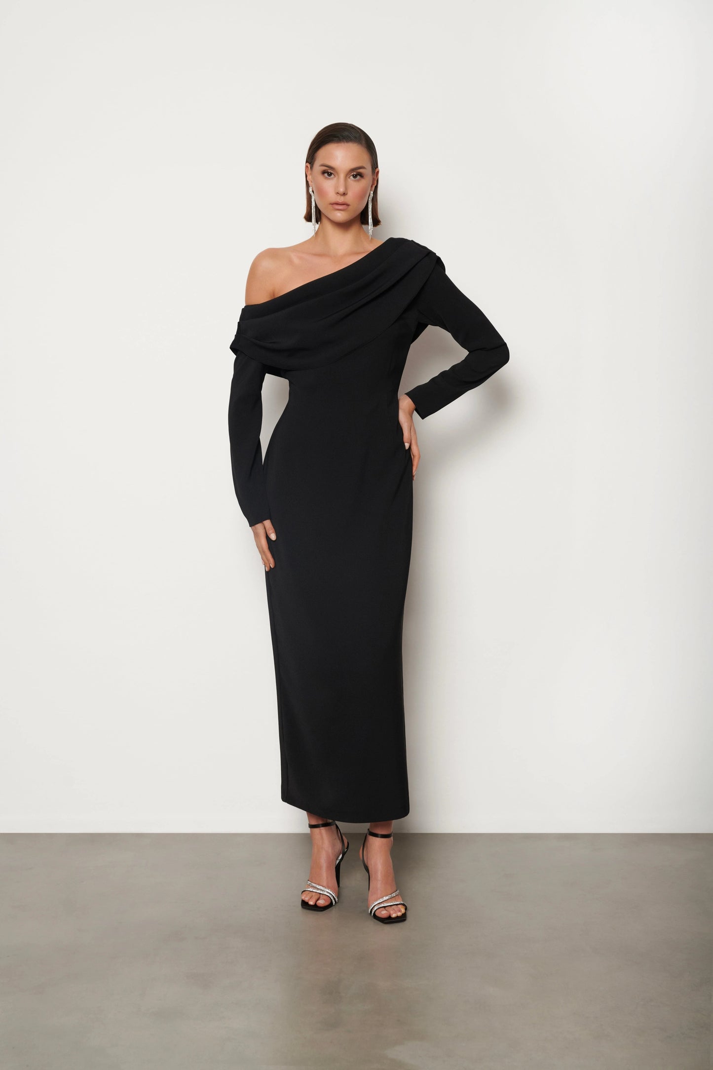 Draped Neck Pencil Dress – Black