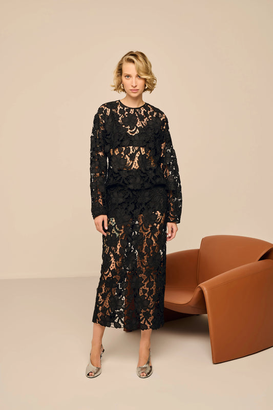 Relaxed Fit Guipure Lace Blouse – Black