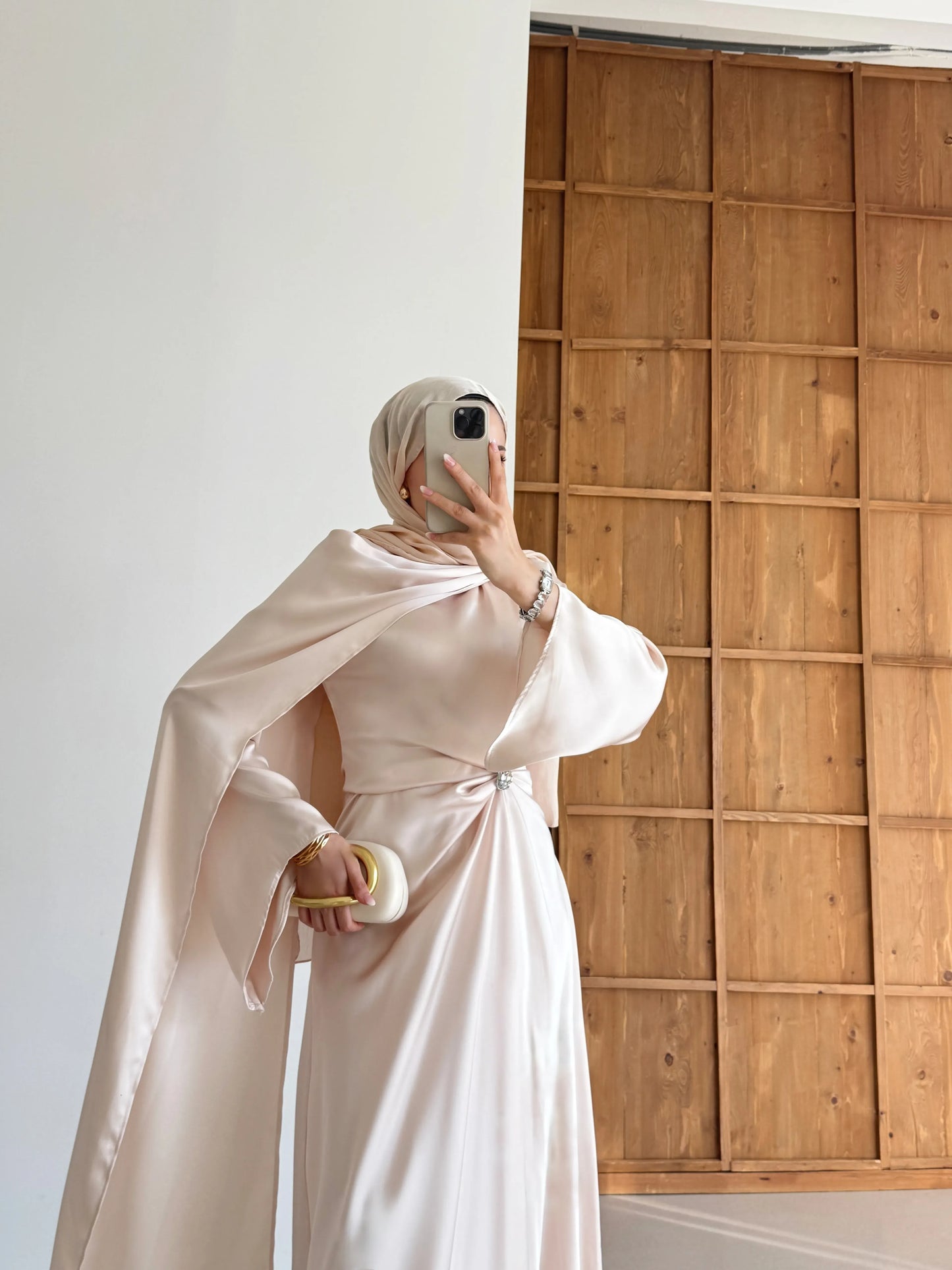 Brooch Detailed Silky Satin Beige Evening Dress